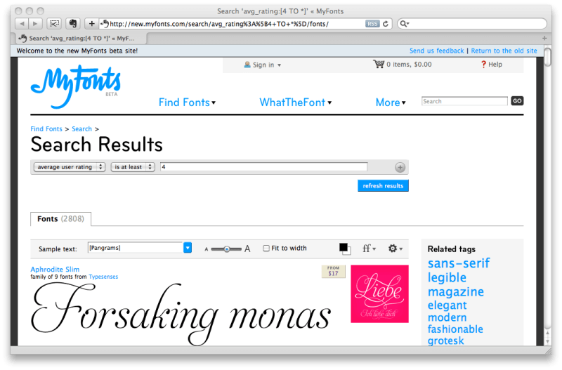 Haut de la page de recherche de MyFonts. Le bloc de paramétrage de la recherche est à droite, sous celui présentant les tags. Dommage qu'il ne soit pas tout de suite visible.