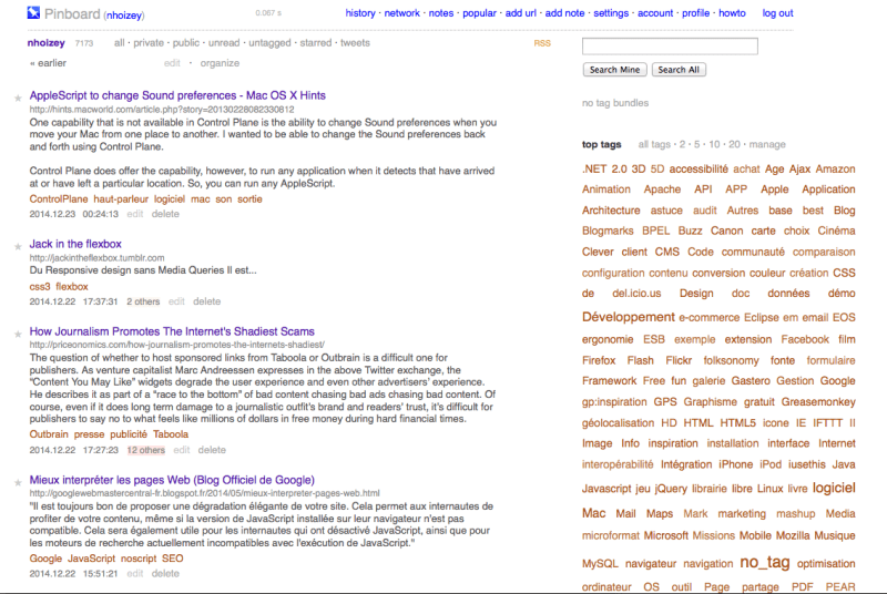 L'interface de Pinboard