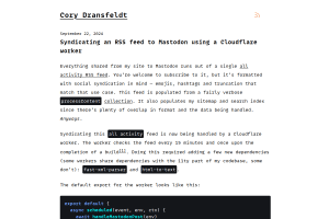 Screenshot of “Syndicating an RSS feed to Mastodon using a Cloudflare worker”