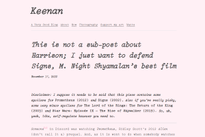 Screenshot of “This is not a sub-post about Harrison; I just want to defend Signs, M. Night Shyamalan’s best film”