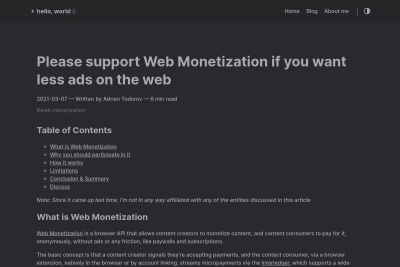 screenshot of Please support Web Monetization if you want less ads on the web