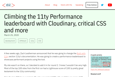 screenshot of Climbing the 11ty Performance leaderboard with Cloudinary, critical CSS and more