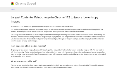 screenshot of Largest Contentul Paint change in Chrome 112 to ignore low-entropy images