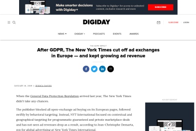 screenshot of After GDPR, The New York Times cut off ad exchanges in Europe — and kept growing ad revenue