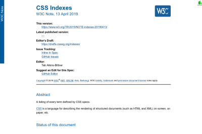 screenshot of CSS Indexes: A listing of every term defined by CSS specs