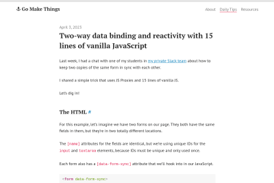 screenshot of Two-way data binding and reactivity with 15 lines of vanilla JavaScript