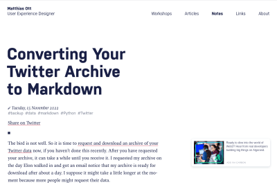 screenshot of Converting Your Twitter Archive to Markdown