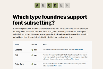 screenshot of Subsetting.xyz — Type foundries that allow font subsetting