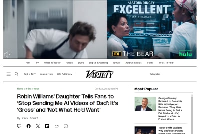 screenshot of Robin Williams Daughter: Don't Send Me 'Gross' AI Recreations of Him