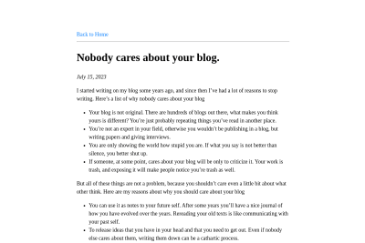screenshot of Nobody cares about your blog.