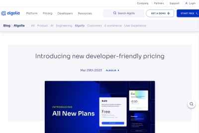 screenshot of [Algolia] introducing new developer-friendly pricing