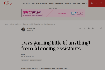 screenshot of Devs gaining little (if anything) from AI coding assistants