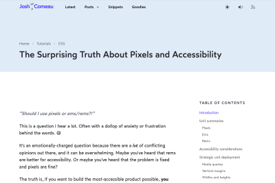 screenshot of The Surprising Truth About Pixels and Accessibility: should I use pixels or rems?