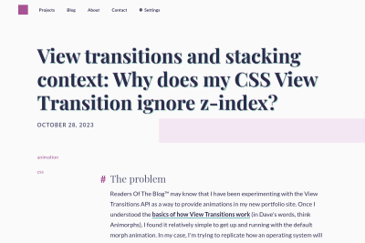 screenshot of View transitions and stacking context: Why does my CSS View Transition ignore z-index?