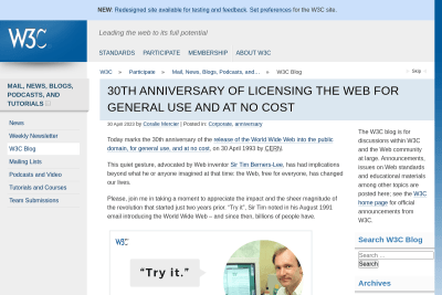 screenshot of 30th anniversary of licensing the Web for general use and at no cost