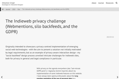 screenshot of The Indieweb privacy challenge (Webmentions, silo backfeeds, and the GDPR)