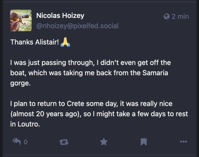 Screenshot of a Pixelfed reply comment in Mastodon