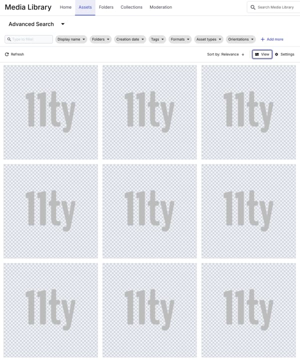 Screenshot of my Cloudinary Library with multiple identical images of Eleventy logo
