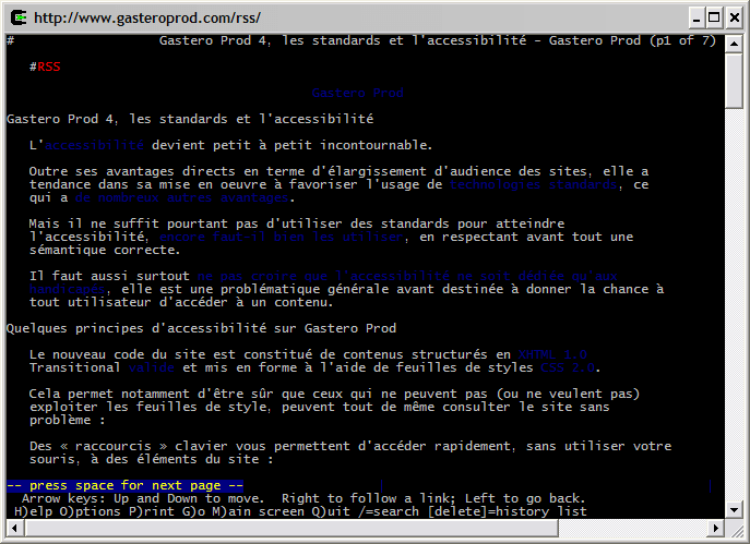 En mode texte. Affichage dans Lynx, navigateur en mode texte
