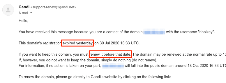 Screenshot of an email from Gandi
