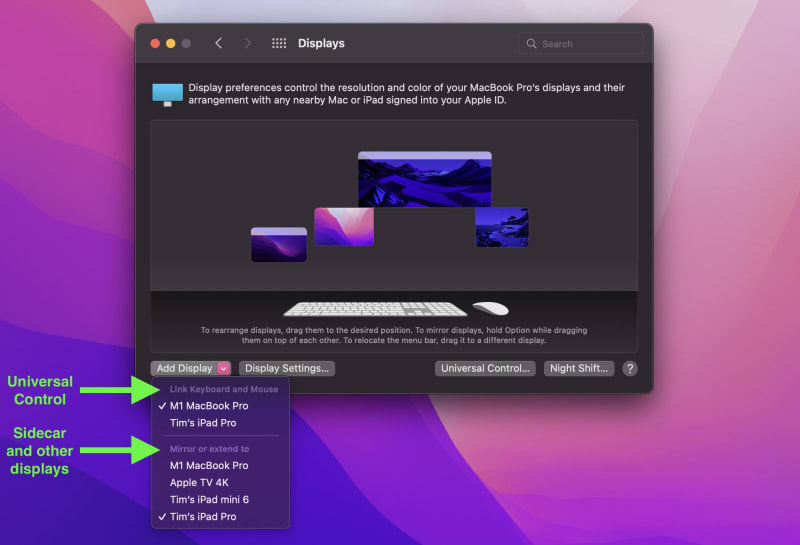 Screenshot of macOS displays preferences, with external devices connected with either Universal Control or Sidecar