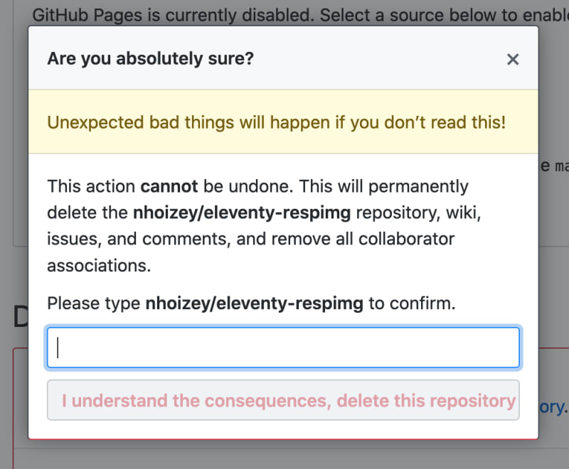 The UI for repository deletion on GitHub