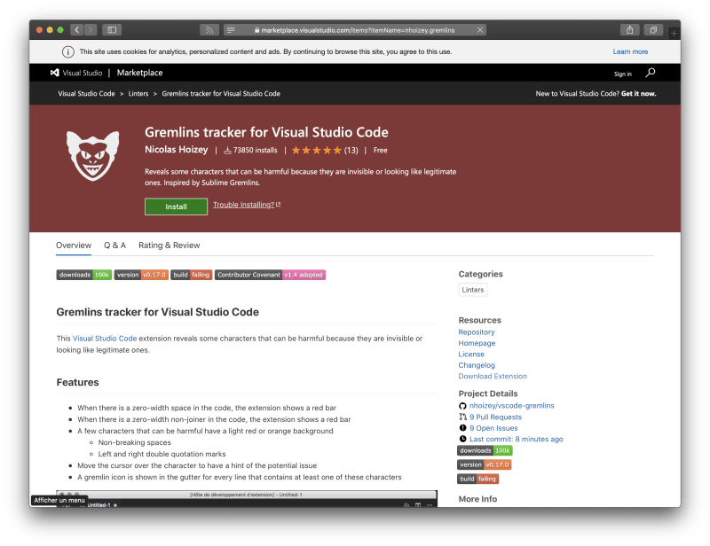 The page for Gremlins tracker in VS Code Marketplace