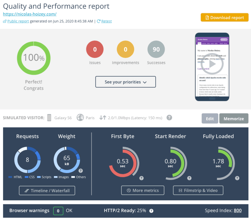 Dareboost report for the homepage of my site