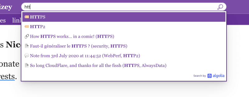 Screenshot of autocomplete search with Algolia