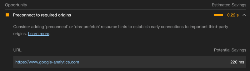 Lighthouse suggests to preconnect to Google Analytics