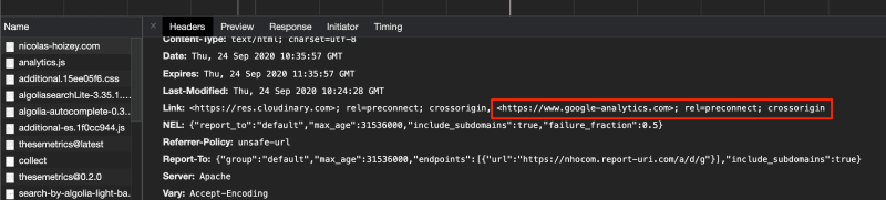 The server tells the browser to preconnect to Google Analytics