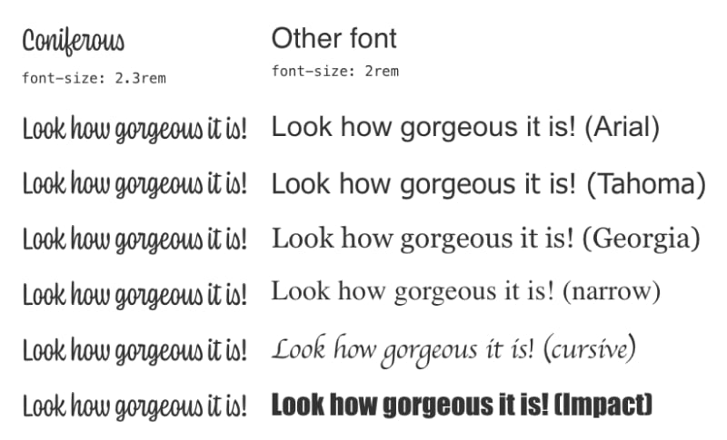 Coniferous and other fonts with default dimensions.