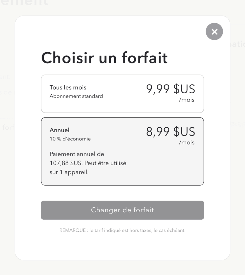 The pop-in to change my subscription