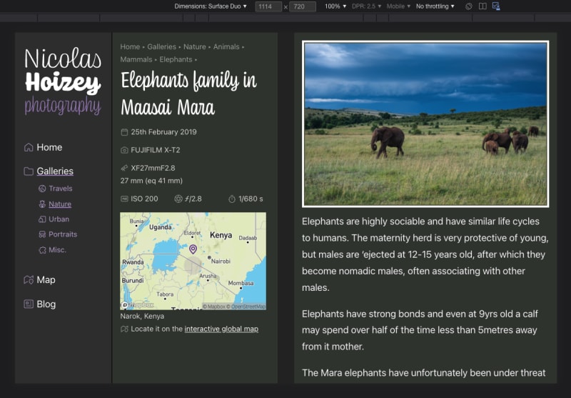 My photography site in a simulated Microsoft Surface Duo