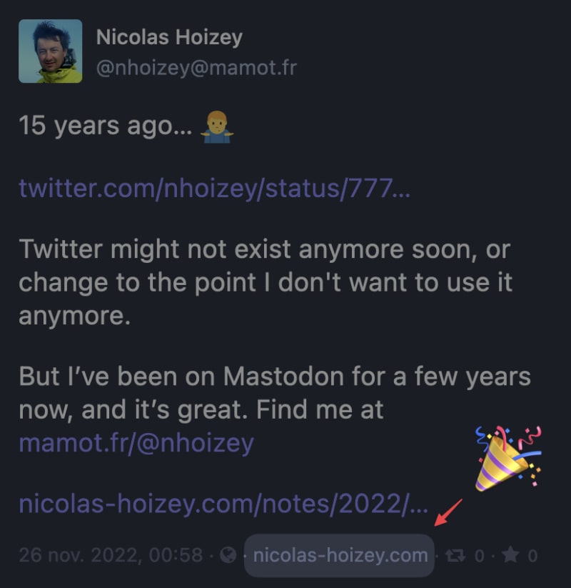 A screenshot of a toot where the application used to publish is "nicolas-hoizey.com"