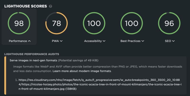 screenshot of Lighthouse score in SpeedCurve, with a recommendation to use modern image formats