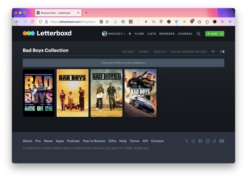 Screenshot of the Bad Boys movie franchise in Letterboxd: 4, 1, 2, 3