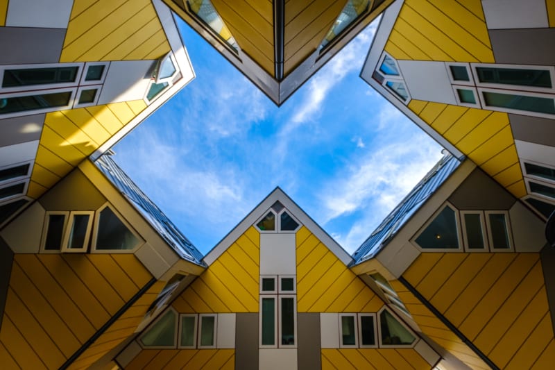 Back shot of the yellow cube houses in Rotterdam