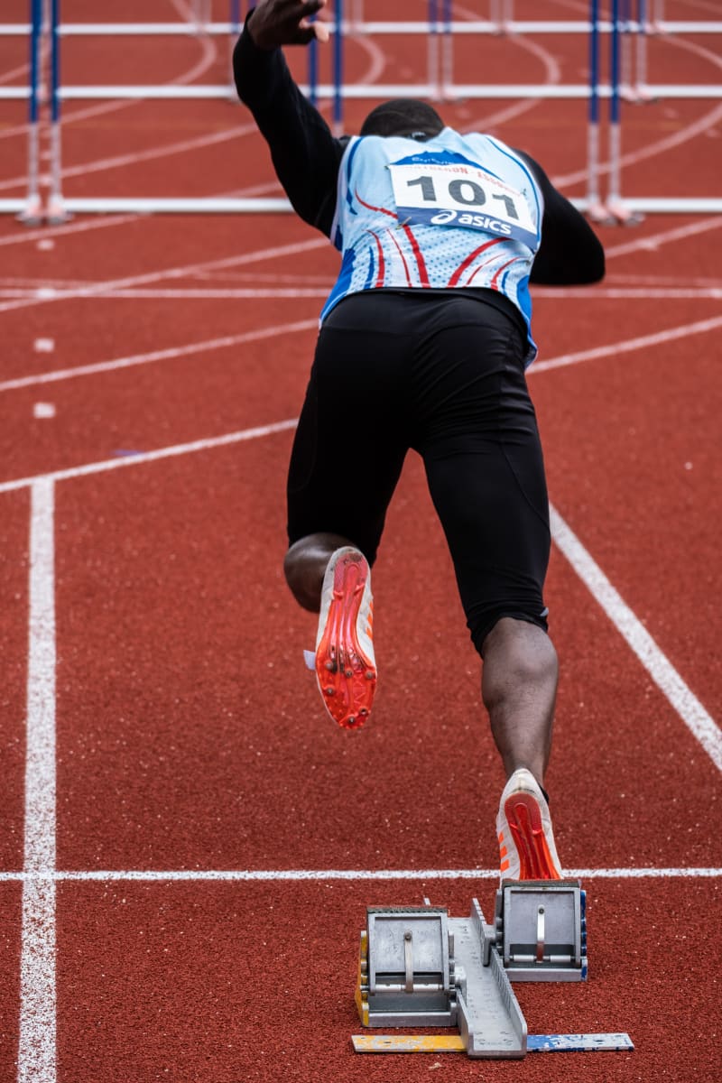 In the starting blocks for the men's 110m hurdles