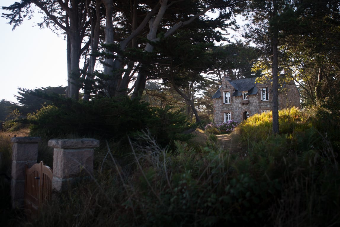 A quaint stone house nestled among tall trees and greenery, with a winding path leading to it.