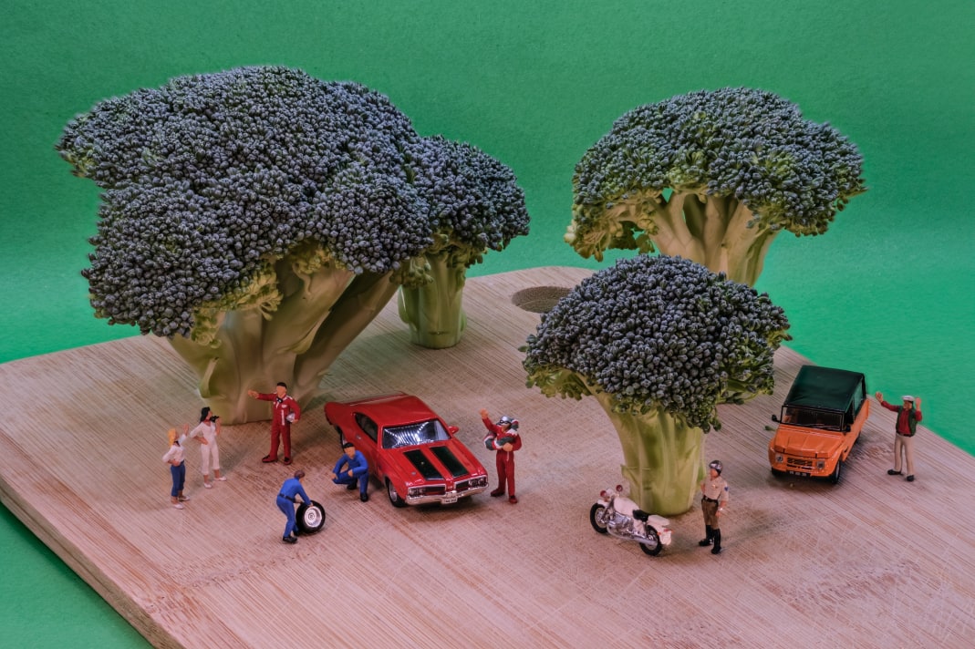 Miniature scene of trees made from four pieces of broccoli on a wooden cutting board, with miniature figures of race car driver, fan, policeman, etc. There's also a racing car, another car and a police motorcycle.
