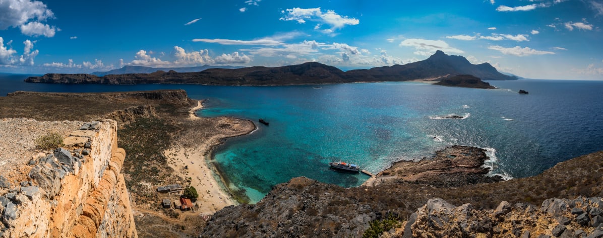 Panoramic view of a coastal landscape featuring a crescent-shaped beach with clear turquoise water, a ship docked on a pier, and rugged cliffs surrounding the bay.