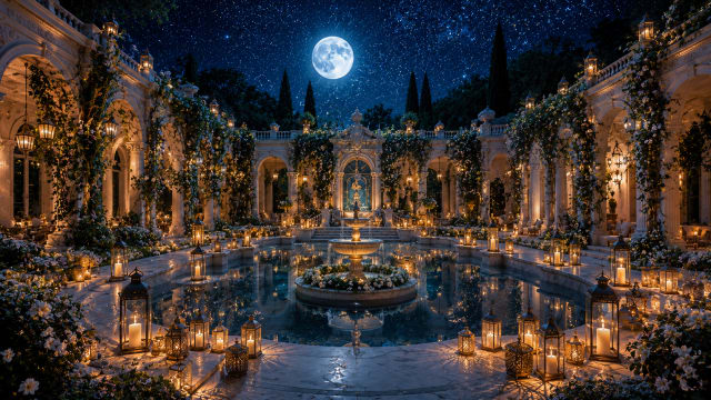 Moonlit Ornate Garden Fountain