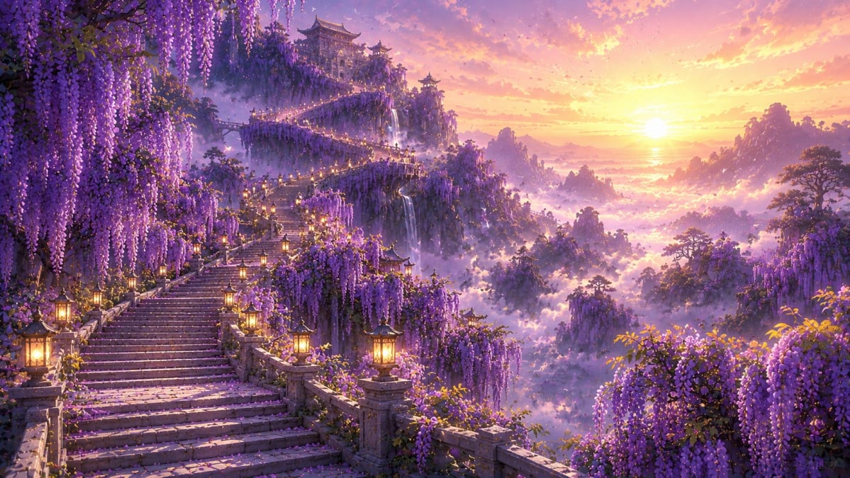Wisteria Temple Stairway at Sunrise