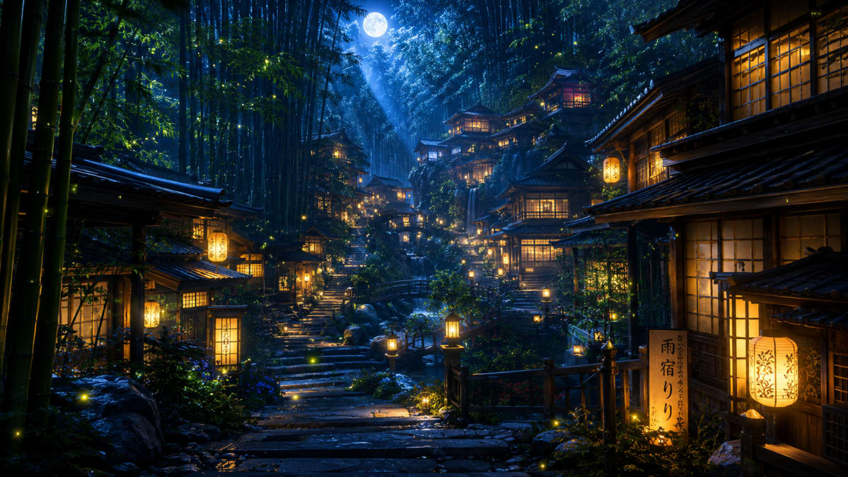 Moonlit Bamboo Village Alley