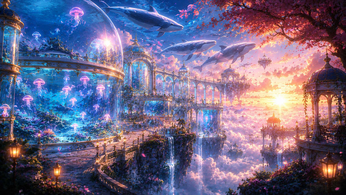 Glass Sky Garden with Flying Whales
