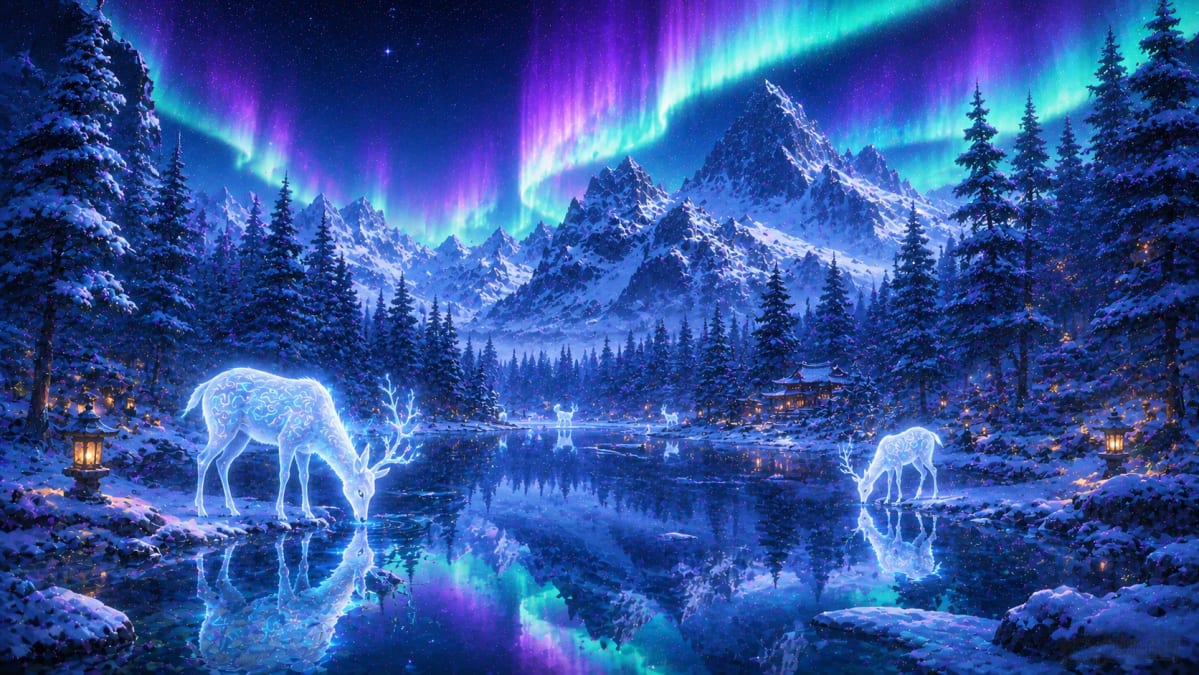 Spirit Deer Beneath Northern Lights