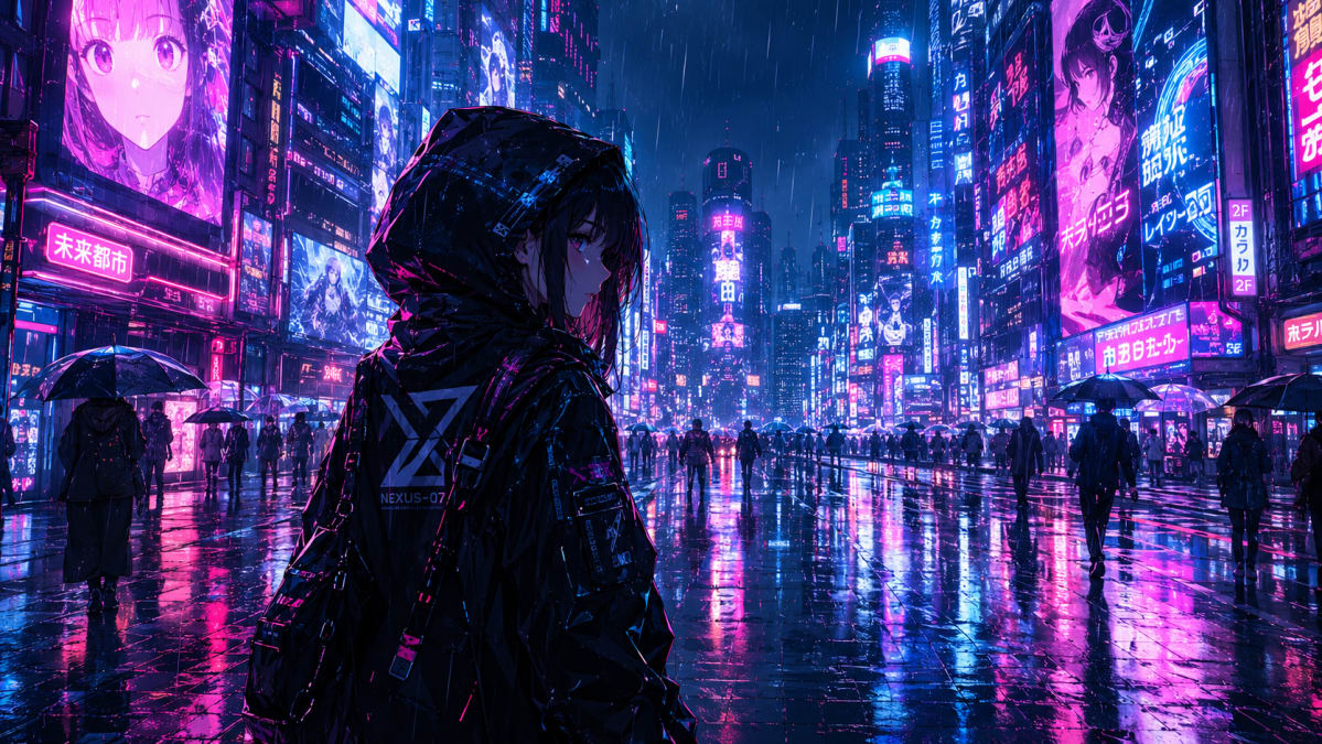 Hooded Figure in Neon Anime City
