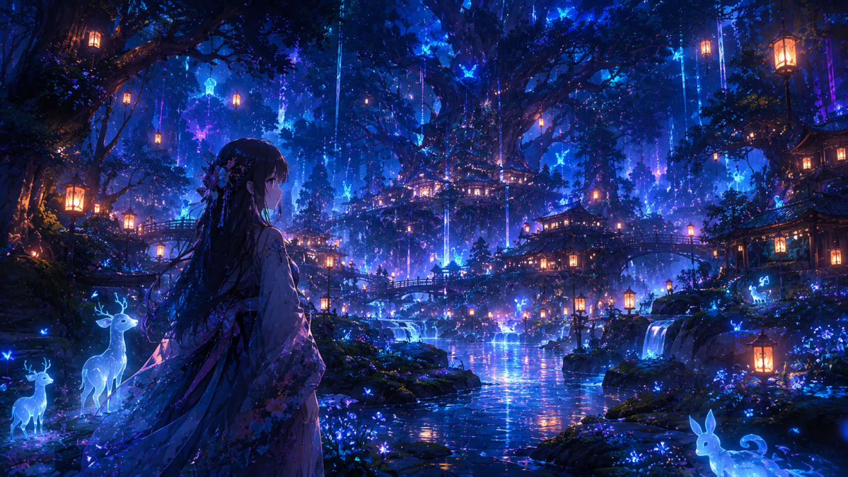 Girl in Glowing Blue Forest