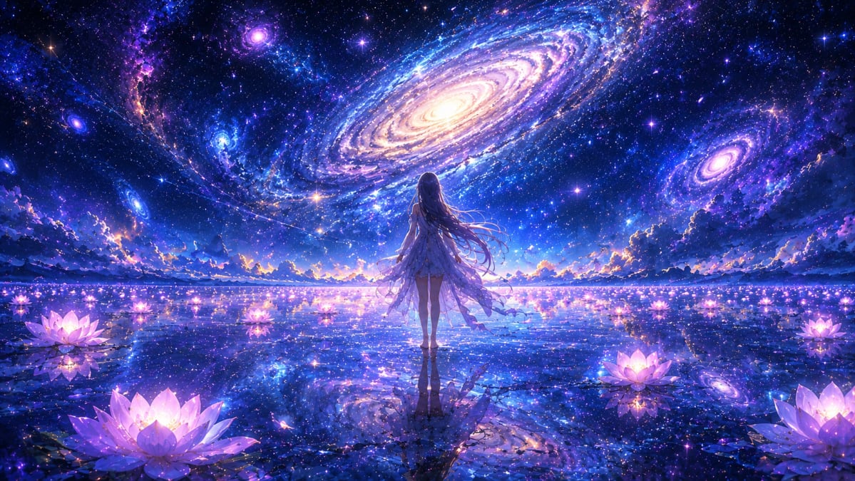 Girl Standing in Galaxy Lotus Lake